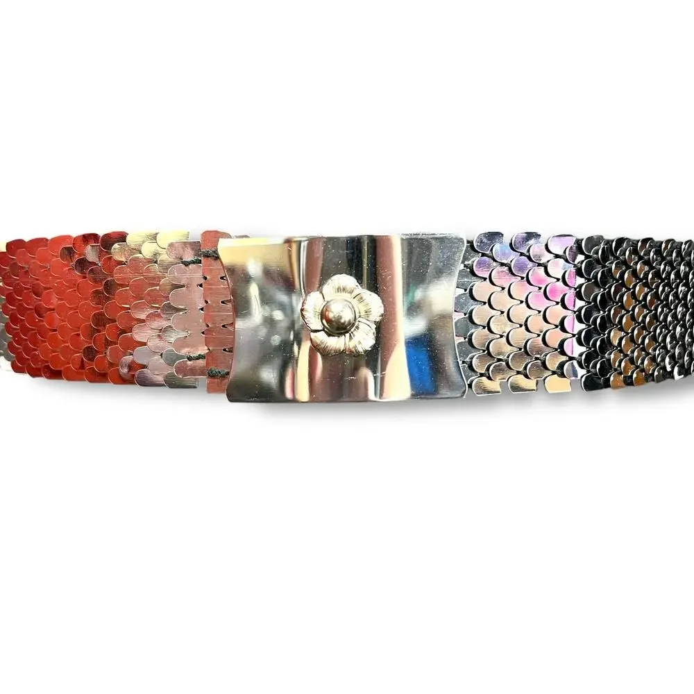 Vintage 80s 90s Wide Scale Stretch Belt Multicolor Silver Flower Buckle 26 Inch